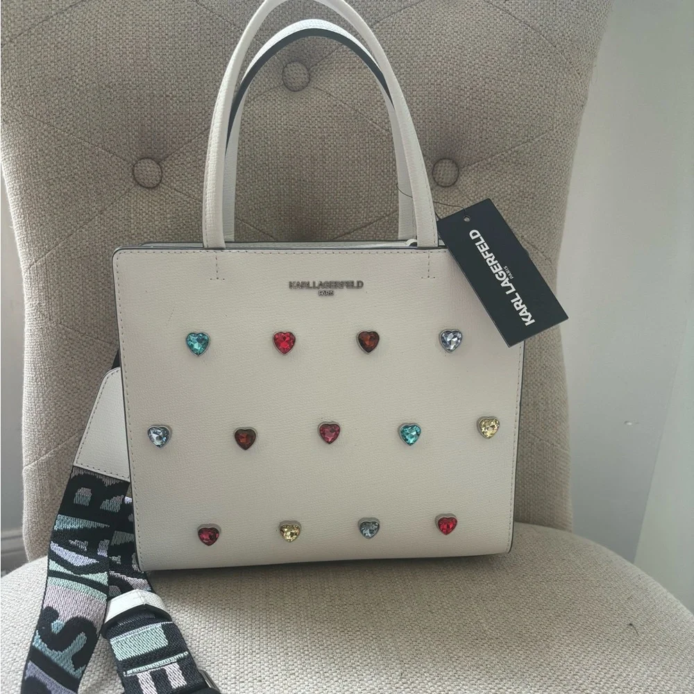 Karl Lagerfeld White Cross Body Bag with crystal Heart Embellishments - Picture 4 of 8